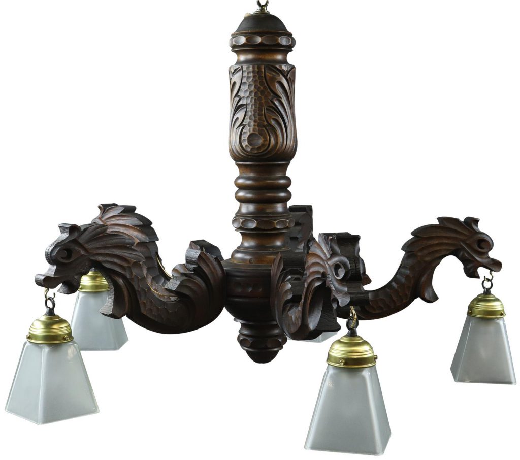 Wooden Chandelier with Carved Dragons