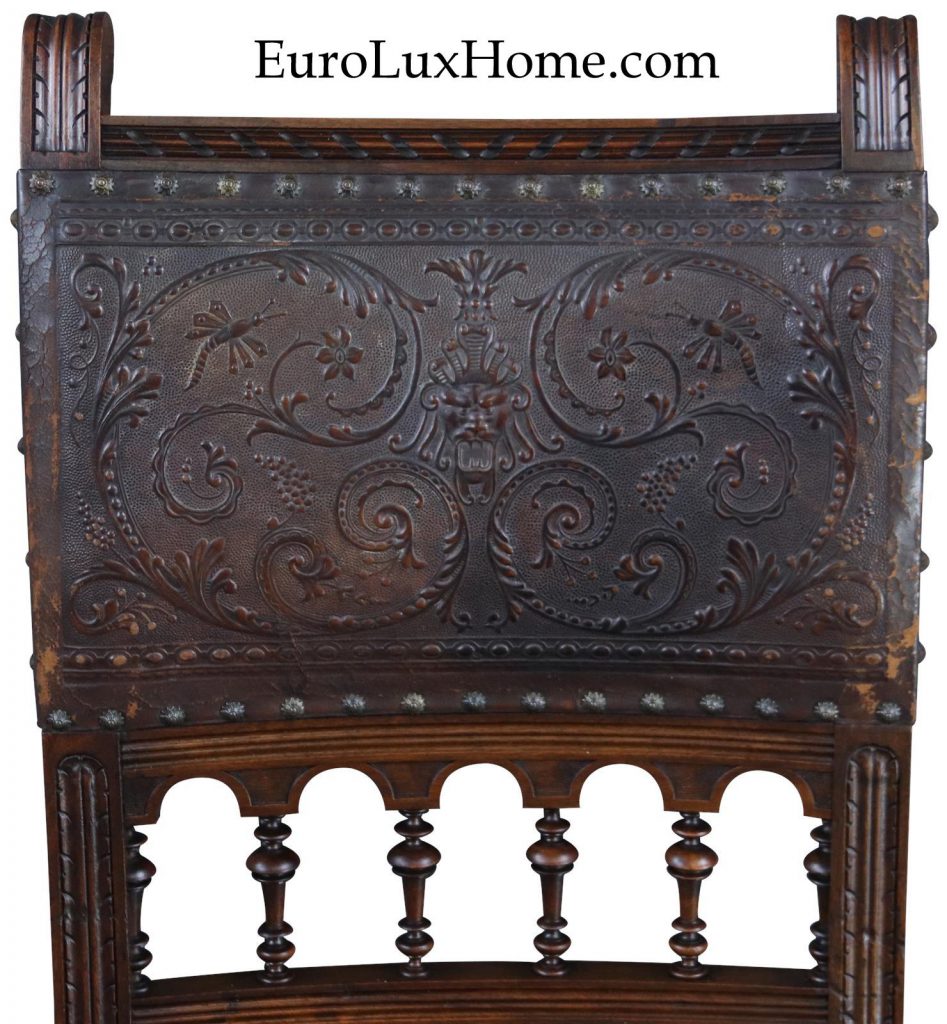 embossed leather on antique Henry II dining chairs