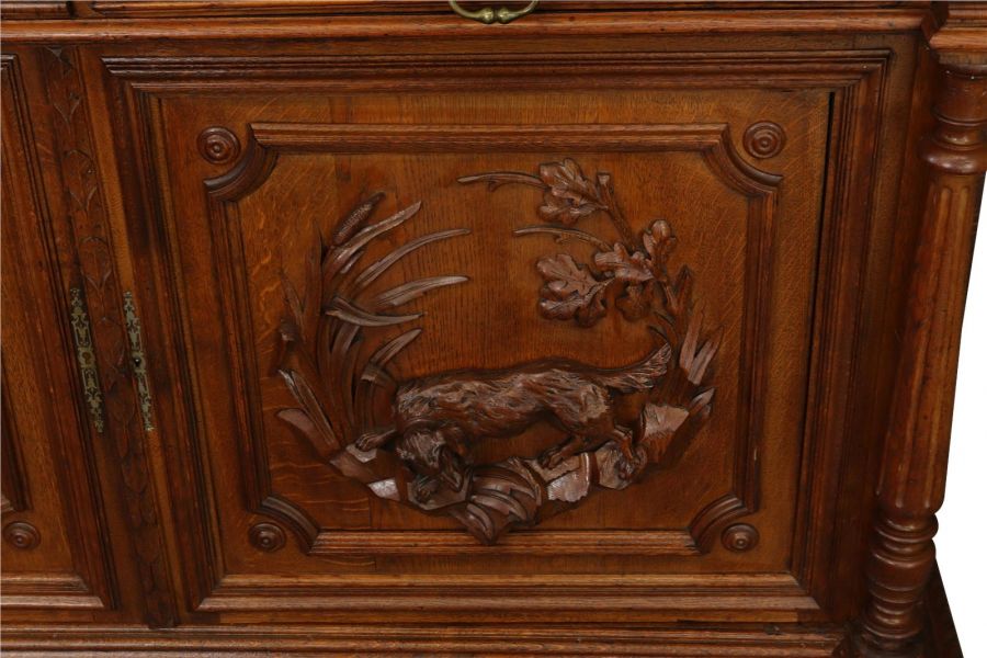 The carvings on an antique buffet